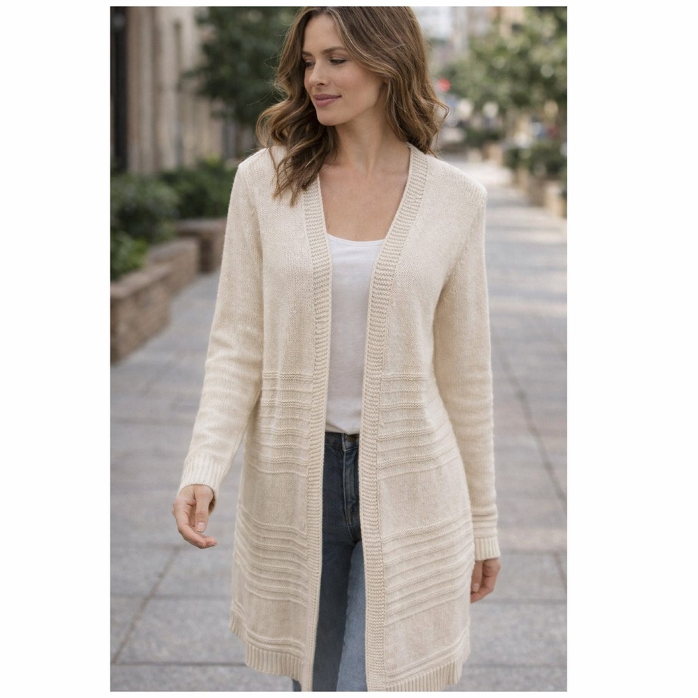 Old Navy Cream Knit Open Cardigan Sweater M Longline Ribbed Cozy